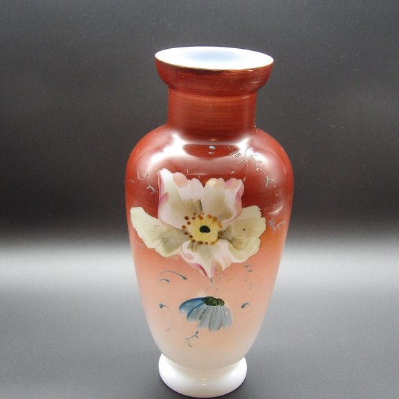 Antique Hand Painted Bristol Glass Vase Red Burgundy Umber with White Flower 9" - Picture 3 of 10